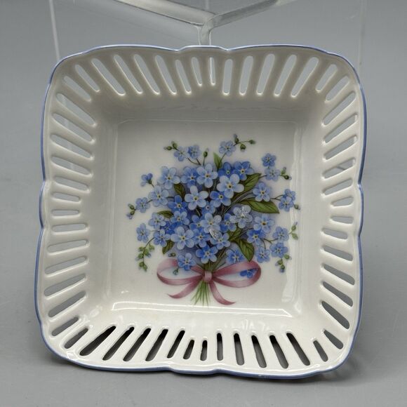 Vtg Reutter Porcelain Reticulated W Germany Square Trinket Dish Forget Me Knots - Picture 6 of 8